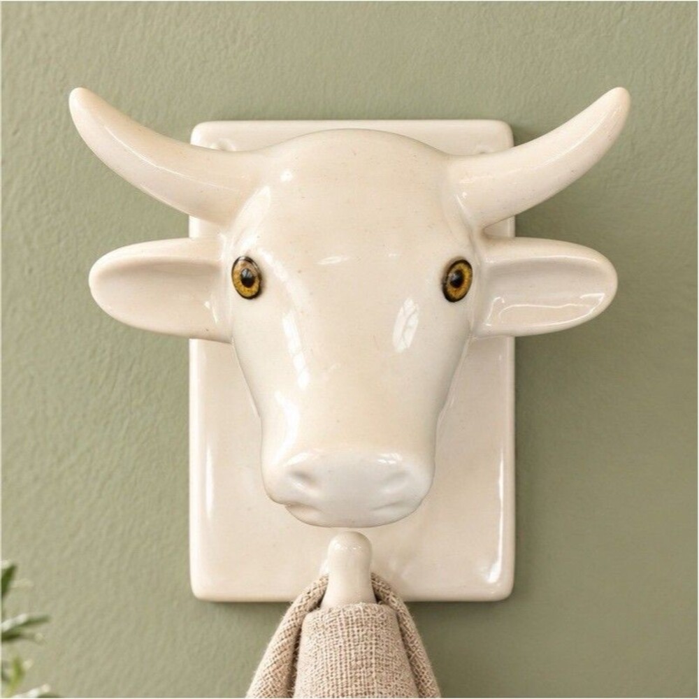 White Ceramic Cow Bull Head Wall Hook Towel Hanger Farmhouse Western Decor 5x4in
